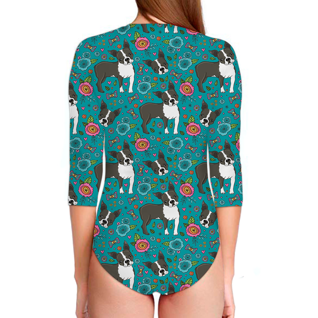 Cartoon Boston Terrier Flower Print Long Sleeve Swimsuit