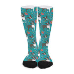 Cartoon Boston Terrier Flower Print Long Socks