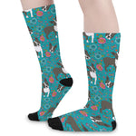 Cartoon Boston Terrier Flower Print Long Socks