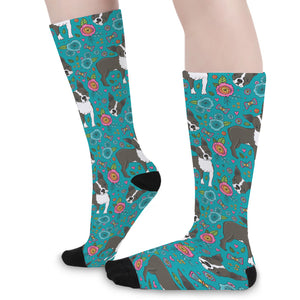 Cartoon Boston Terrier Flower Print Long Socks