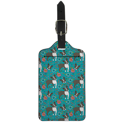 Cartoon Boston Terrier Flower Print Luggage Tag