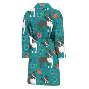 Cartoon Boston Terrier Flower Print Men's Bathrobe