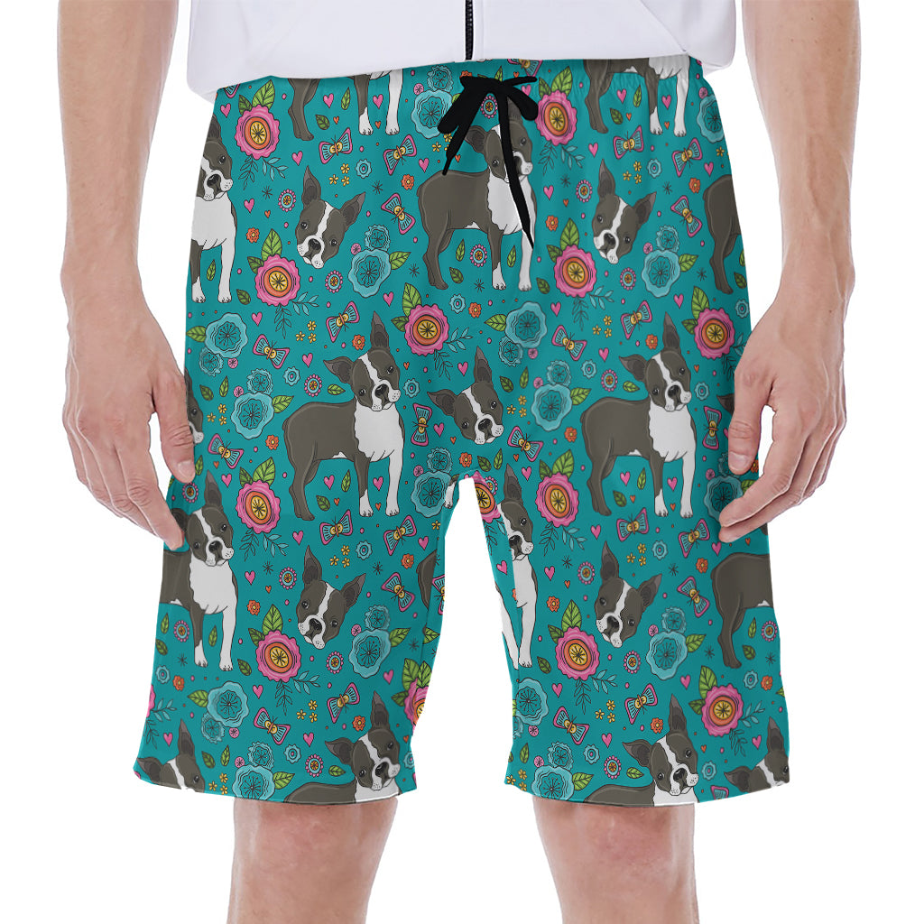 Cartoon Boston Terrier Flower Print Men's Beach Shorts