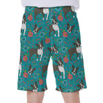 Cartoon Boston Terrier Flower Print Men's Beach Shorts