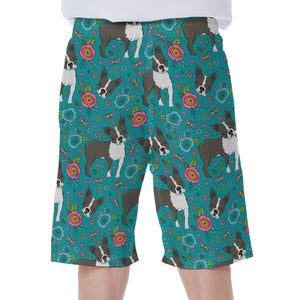 Cartoon Boston Terrier Flower Print Men's Beach Shorts