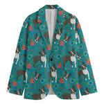 Cartoon Boston Terrier Flower Print Men's Blazer