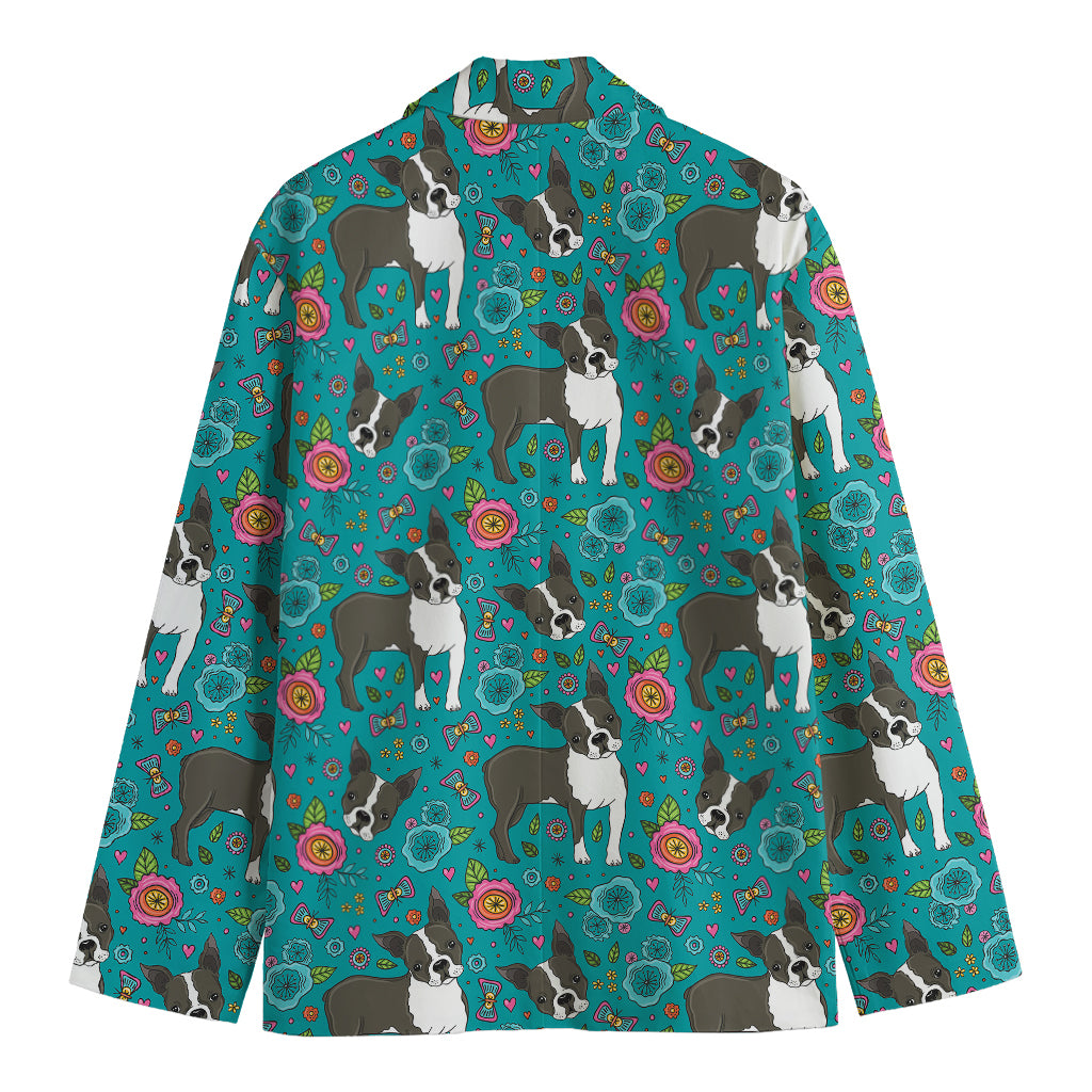 Cartoon Boston Terrier Flower Print Men's Blazer