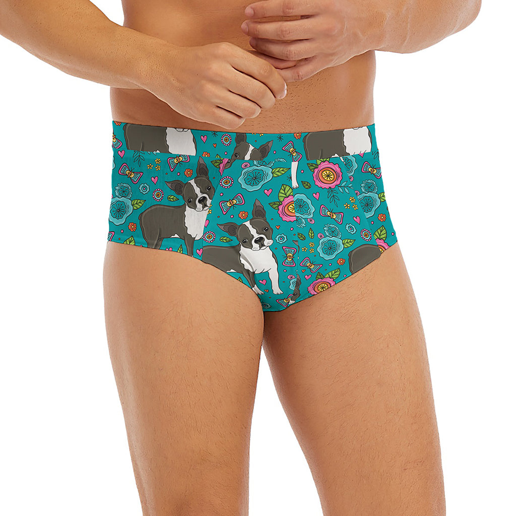 Cartoon Boston Terrier Flower Print Men's Briefs