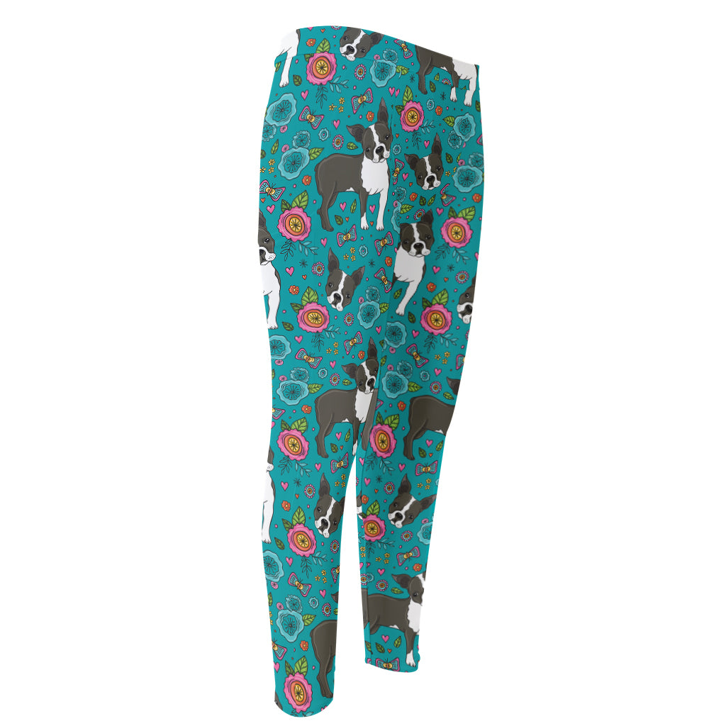 Cartoon Boston Terrier Flower Print Men's Compression Pants