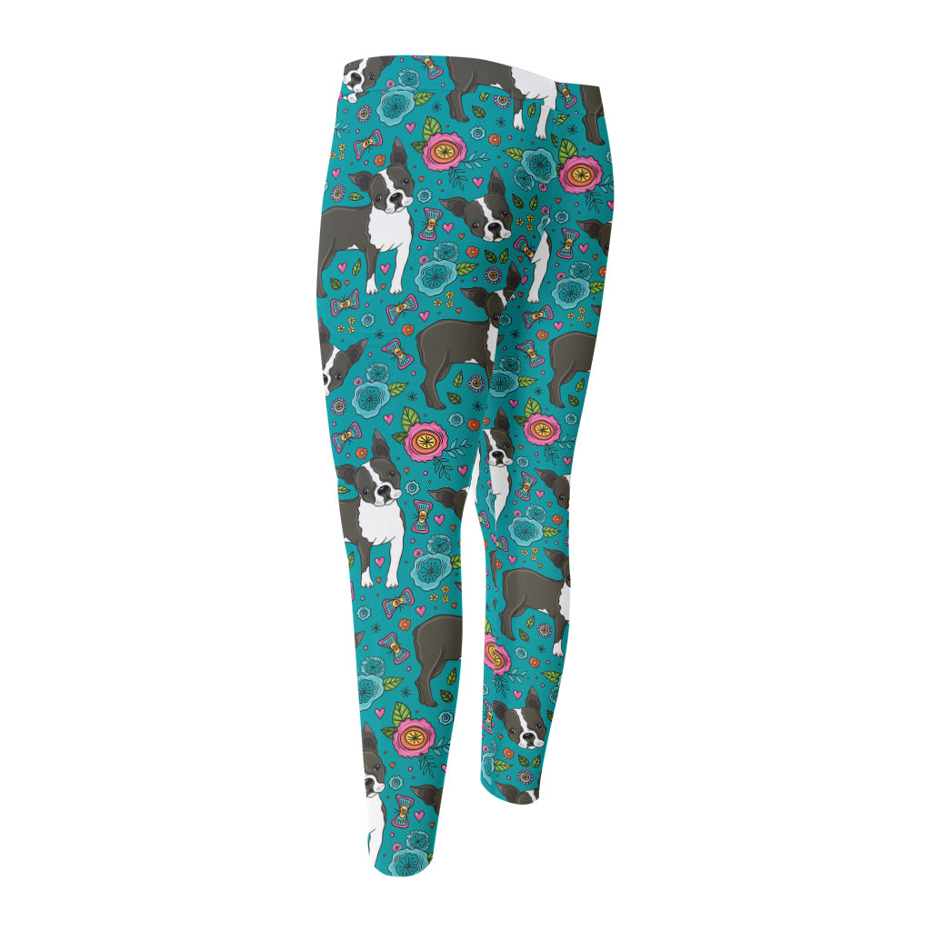 Cartoon Boston Terrier Flower Print Men's Compression Pants