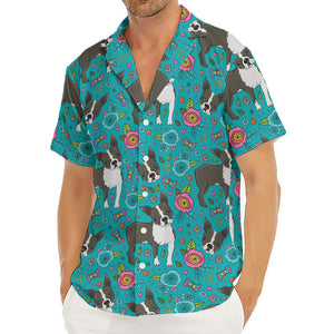 Cartoon Boston Terrier Flower Print Men's Deep V-Neck Shirt