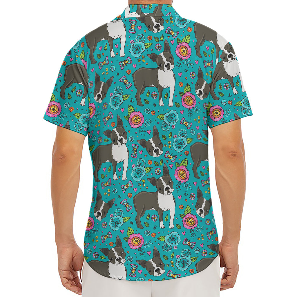 Cartoon Boston Terrier Flower Print Men's Deep V-Neck Shirt