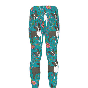 Cartoon Boston Terrier Flower Print Men's leggings