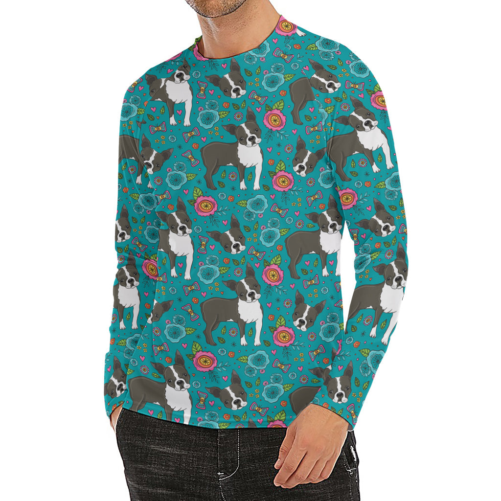 Cartoon Boston Terrier Flower Print Men's Long Sleeve Rash Guard