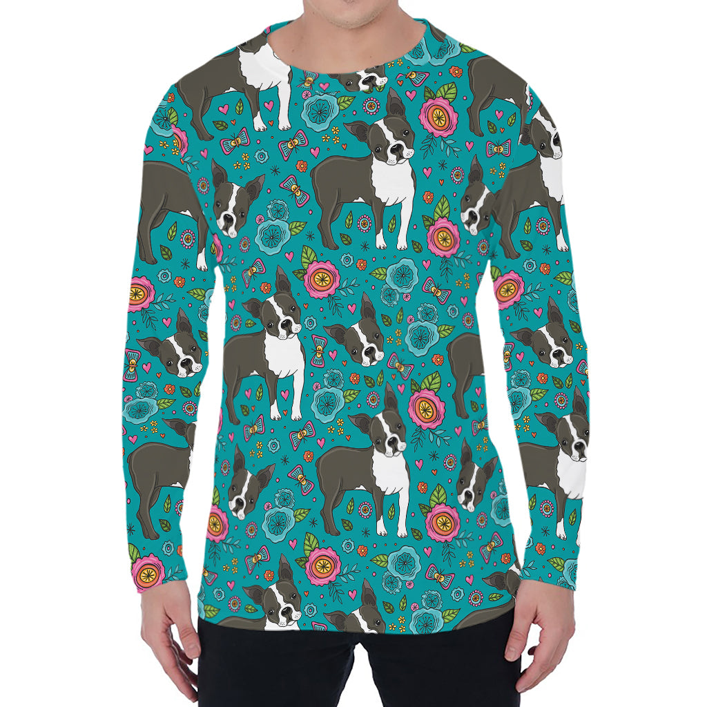 Cartoon Boston Terrier Flower Print Men's Long Sleeve T-Shirt