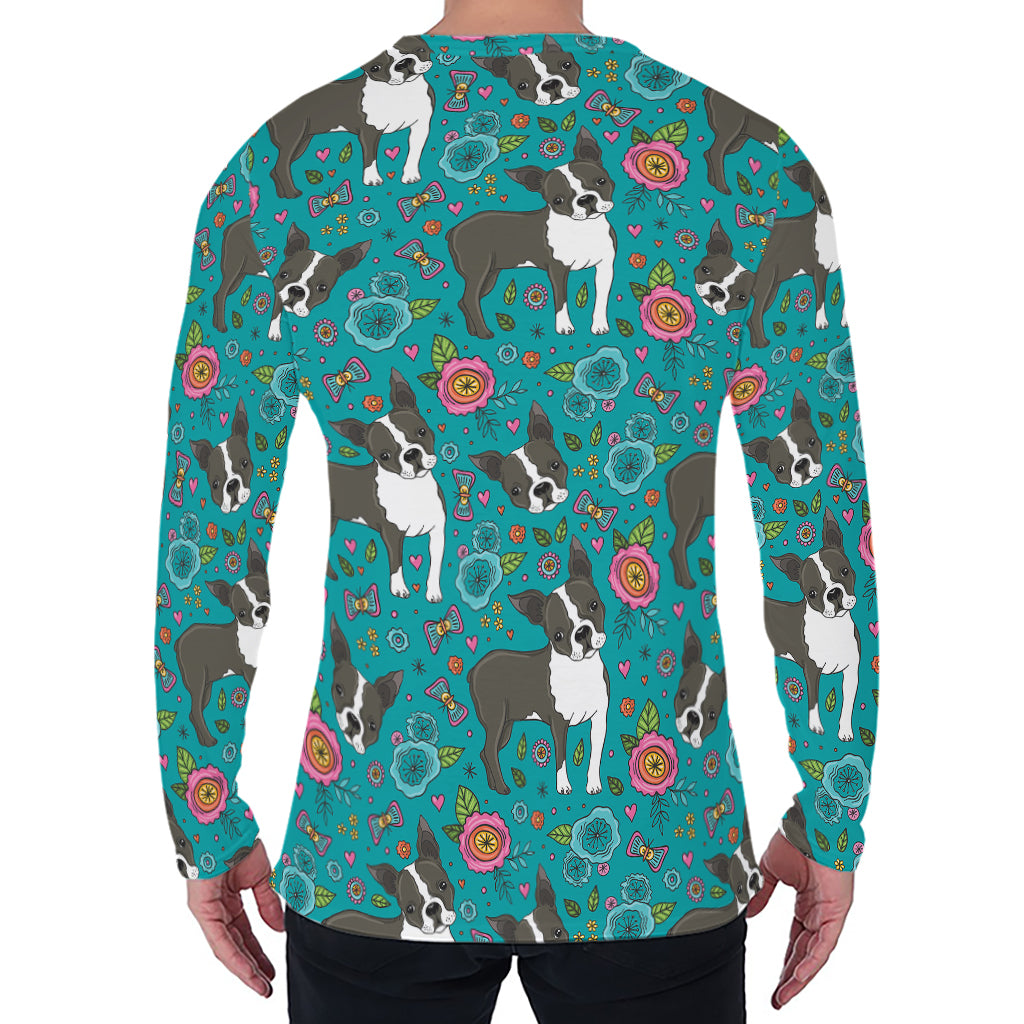 Cartoon Boston Terrier Flower Print Men's Long Sleeve T-Shirt