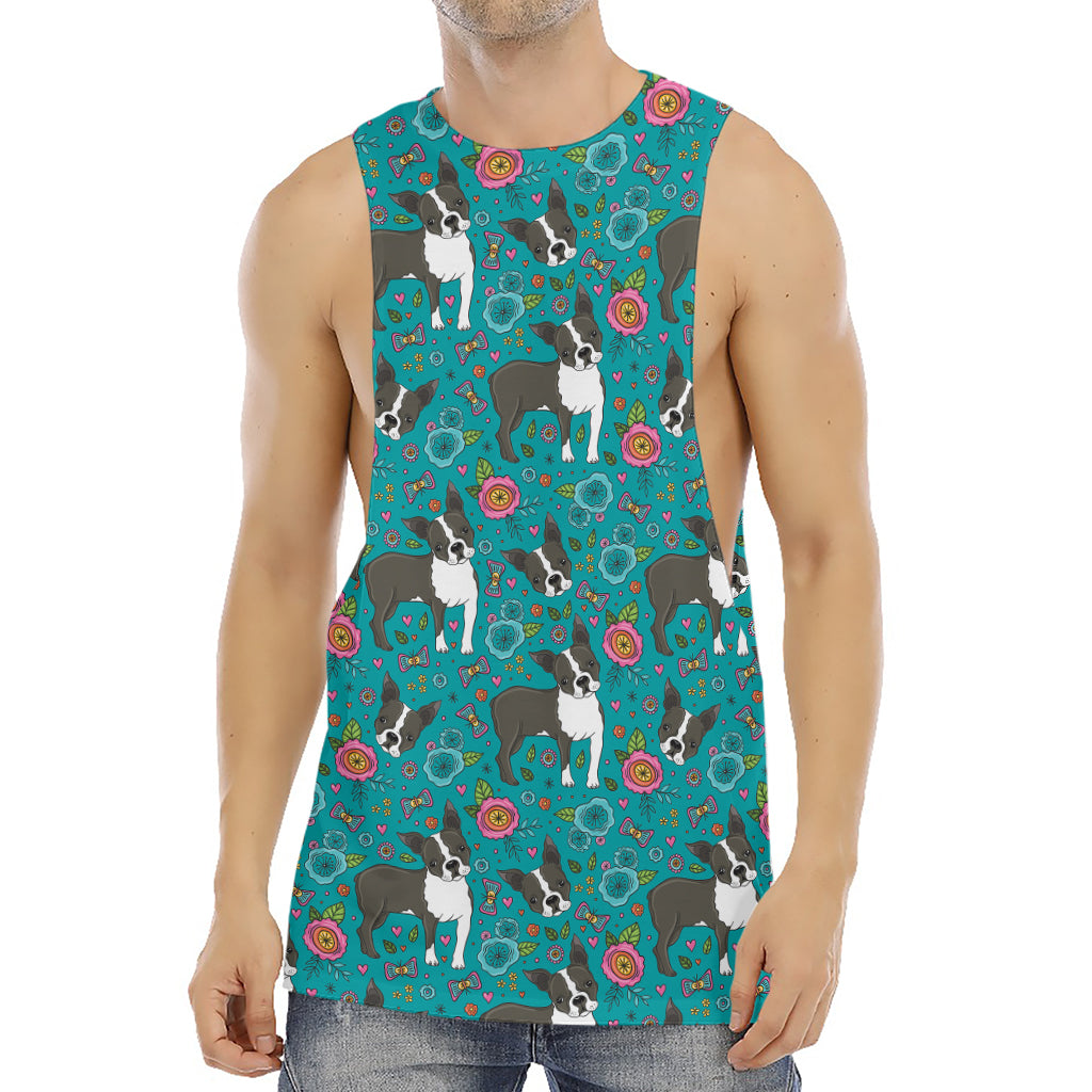 Cartoon Boston Terrier Flower Print Men's Muscle Tank Top