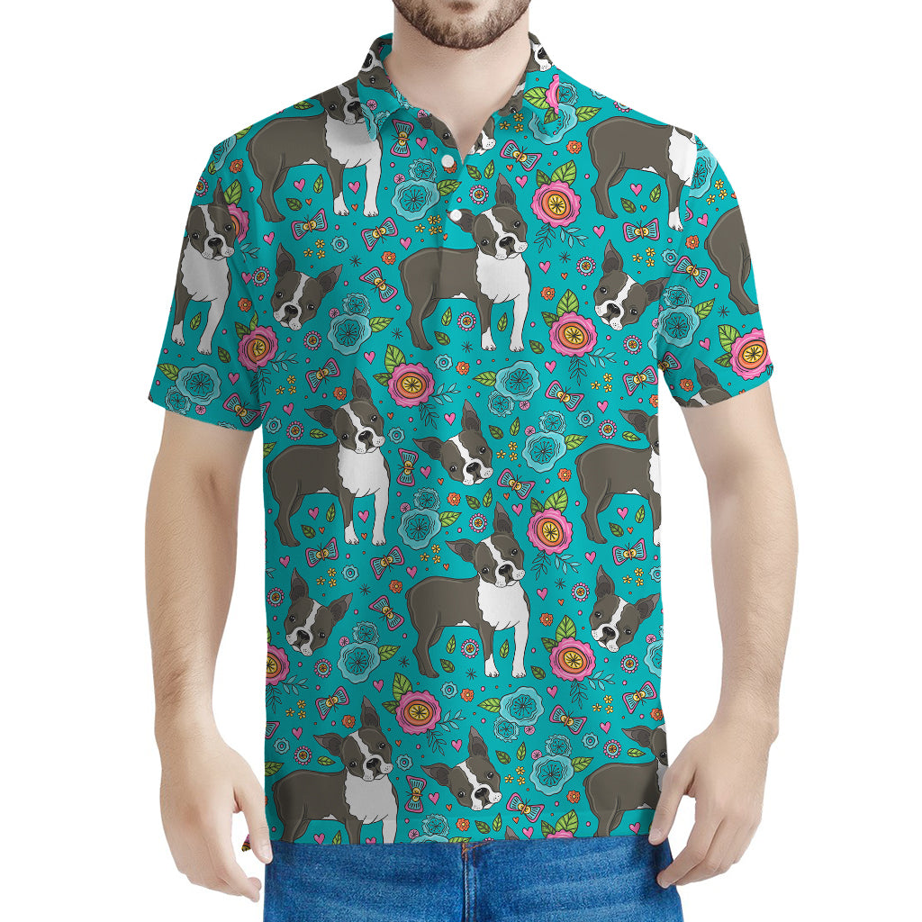 Cartoon Boston Terrier Flower Print Men's Polo Shirt