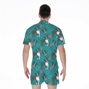 Cartoon Boston Terrier Flower Print Men's Rompers