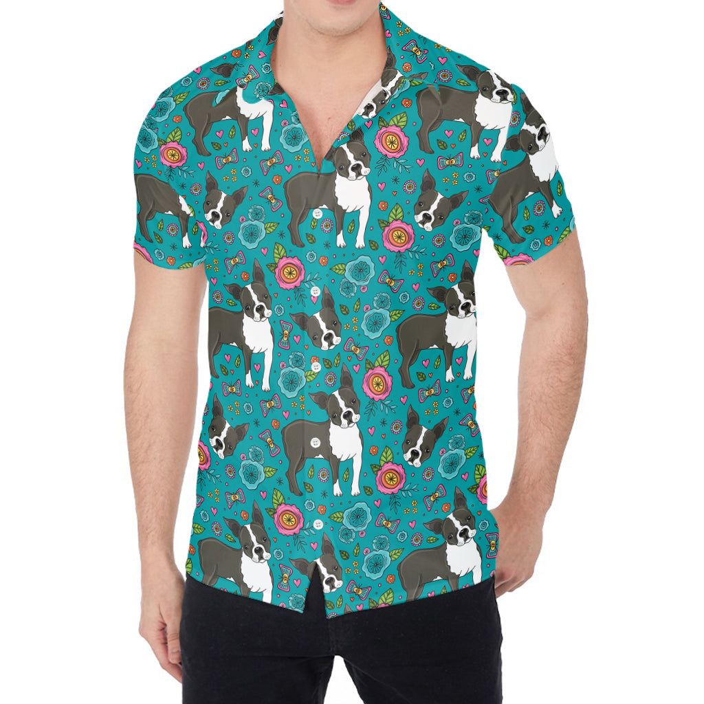 Cartoon Boston Terrier Flower Print Men's Shirt