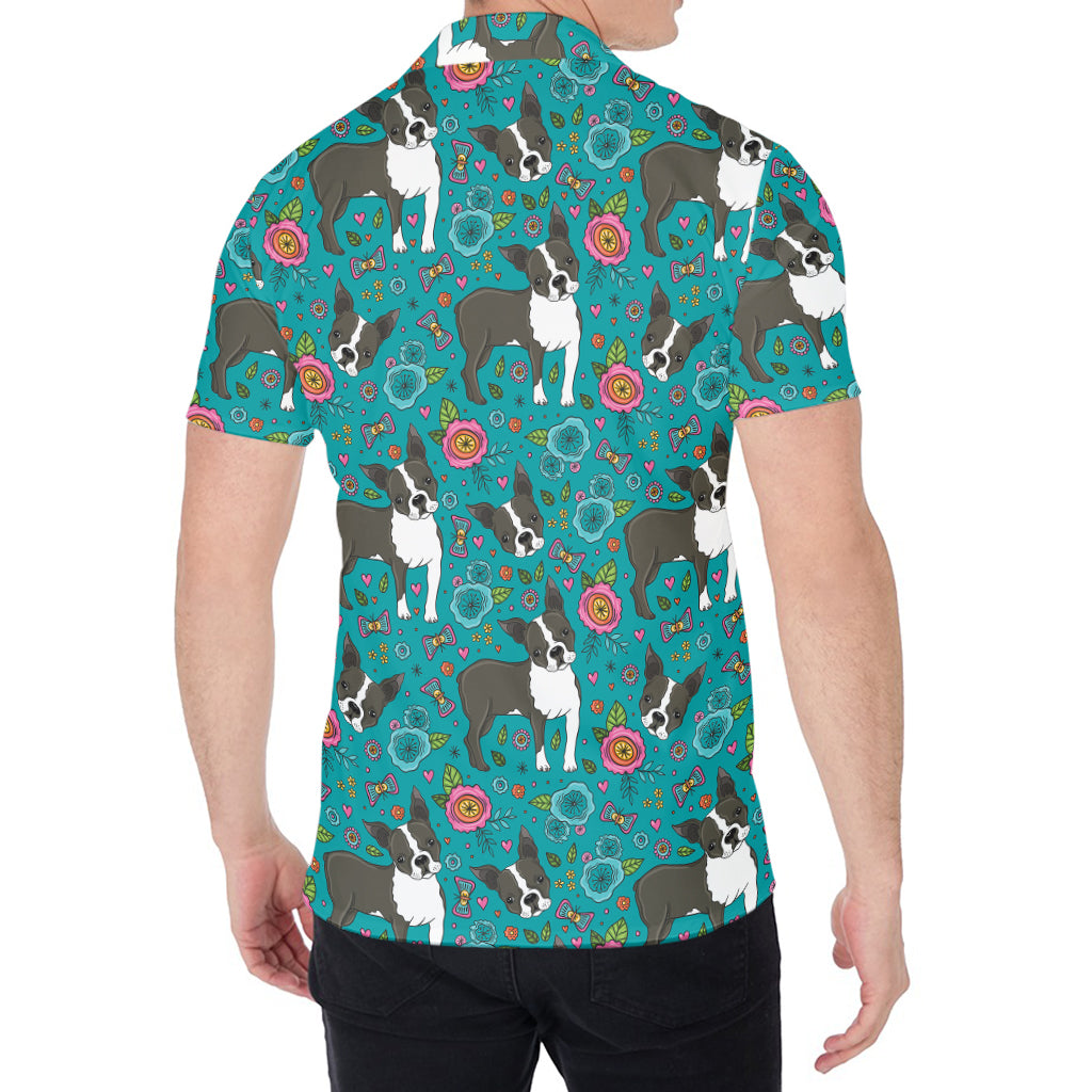 Cartoon Boston Terrier Flower Print Men's Shirt