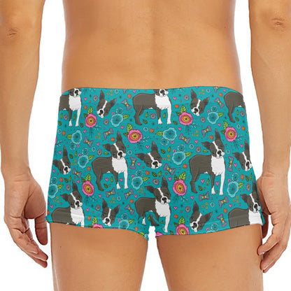 Cartoon Boston Terrier Flower Print Men's Short Boxer Briefs