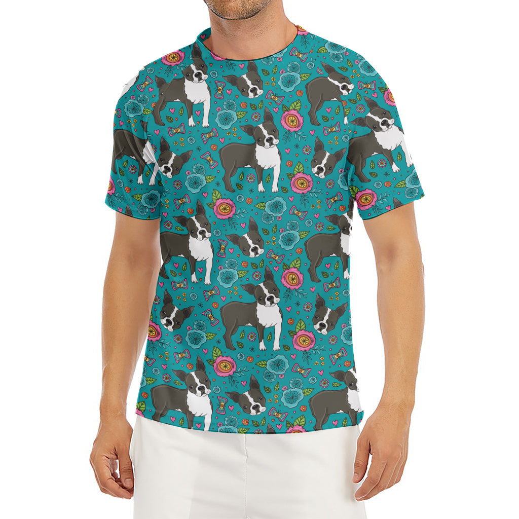 Cartoon Boston Terrier Flower Print Men's Short Sleeve Rash Guard