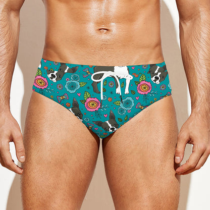 Cartoon Boston Terrier Flower Print Men's Swim Briefs
