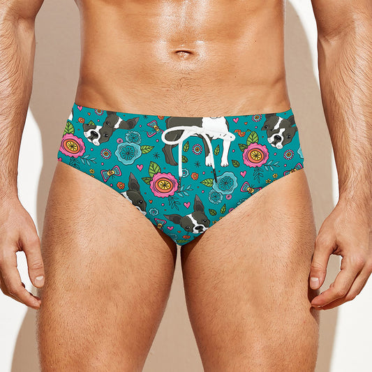 Cartoon Boston Terrier Flower Print Men's Swim Briefs