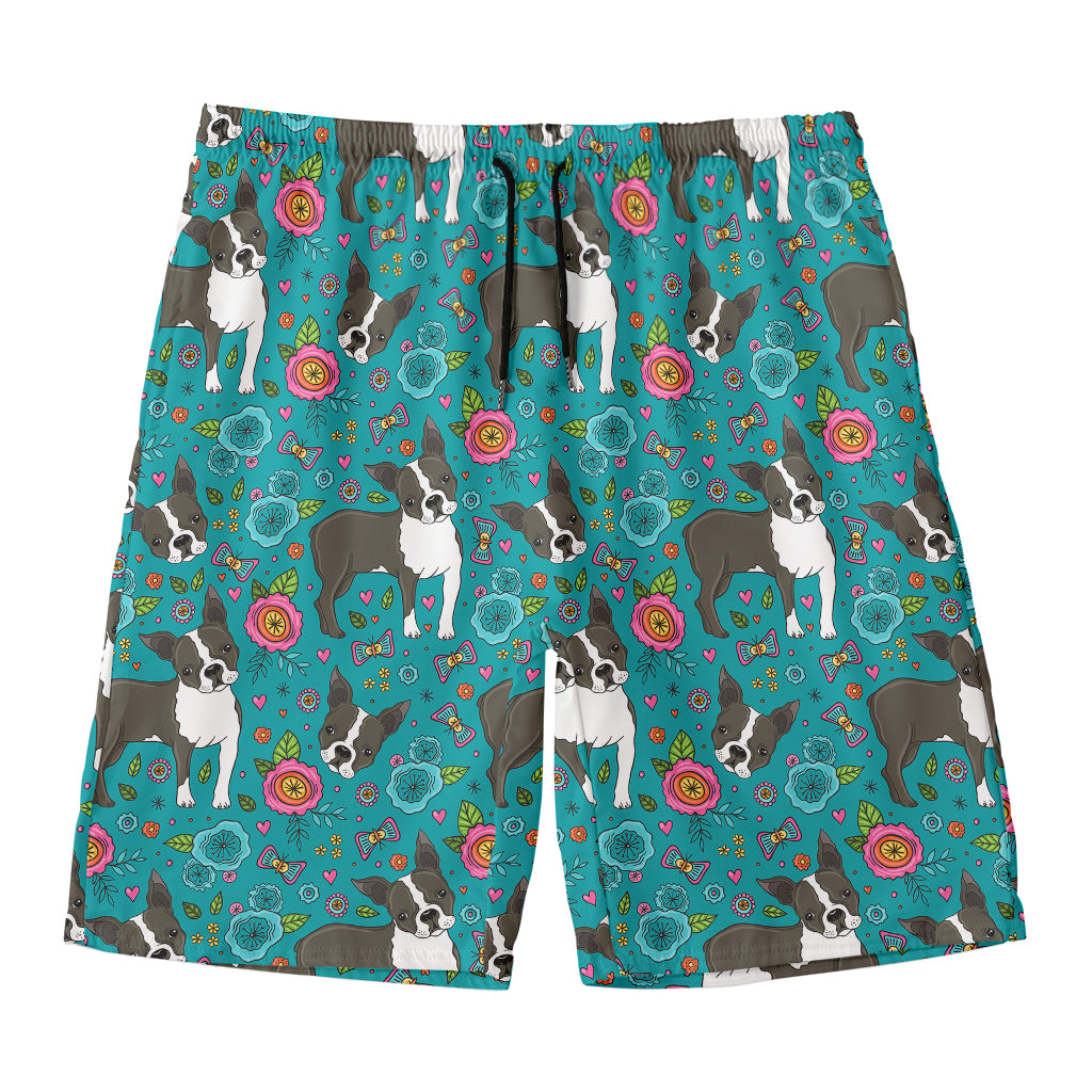 Cartoon Boston Terrier Flower Print Men's Swim Trunks