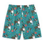 Cartoon Boston Terrier Flower Print Men's Swim Trunks