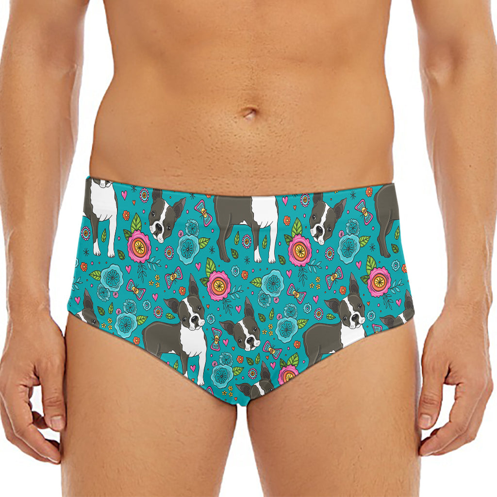 Cartoon Boston Terrier Flower Print Men's Triangle Swim Briefs