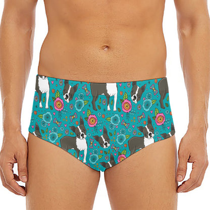 Cartoon Boston Terrier Flower Print Men's Triangle Swim Briefs