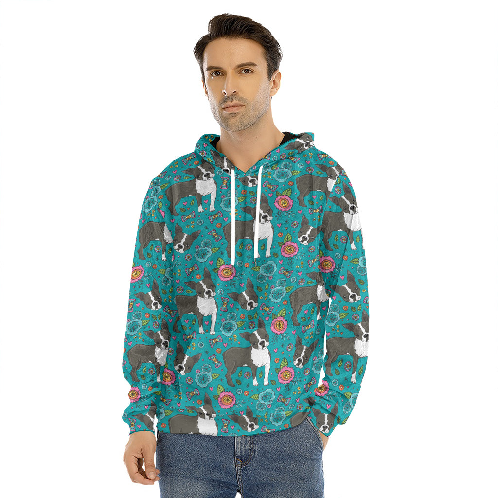 Cartoon Boston Terrier Flower Print Men's Velvet Pullover Hoodie