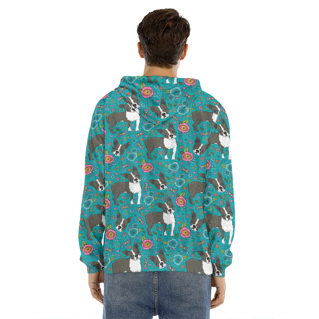 Cartoon Boston Terrier Flower Print Men's Velvet Pullover Hoodie