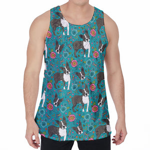 Cartoon Boston Terrier Flower Print Men's Velvet Tank Top