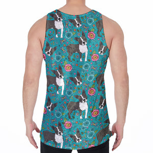 Cartoon Boston Terrier Flower Print Men's Velvet Tank Top