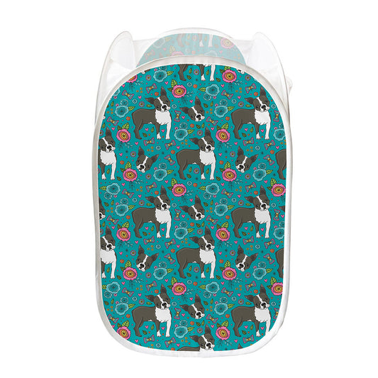 Cartoon Boston Terrier Flower Print Mesh Laundry Hamper
