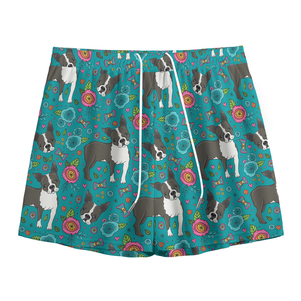 Cartoon Boston Terrier Flower Print Mesh Shorts