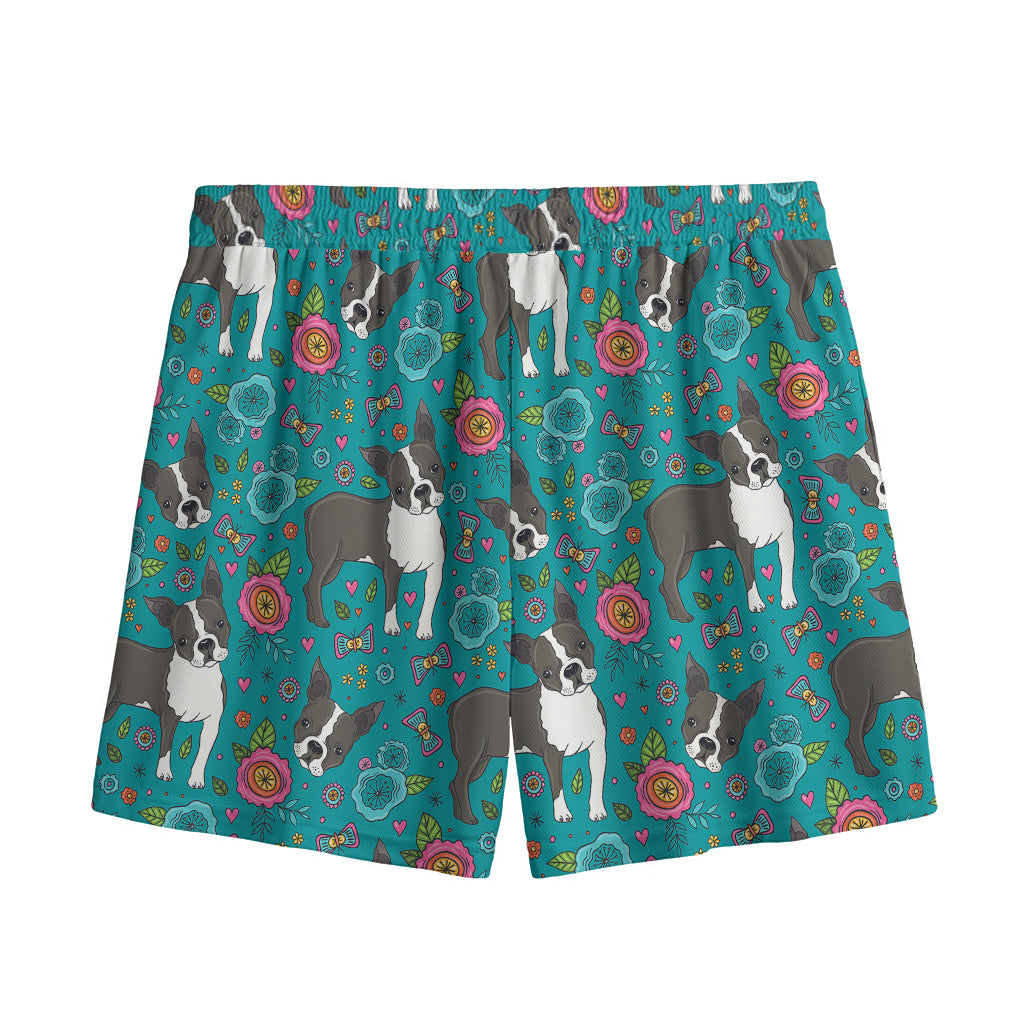 Cartoon Boston Terrier Flower Print Mesh Shorts