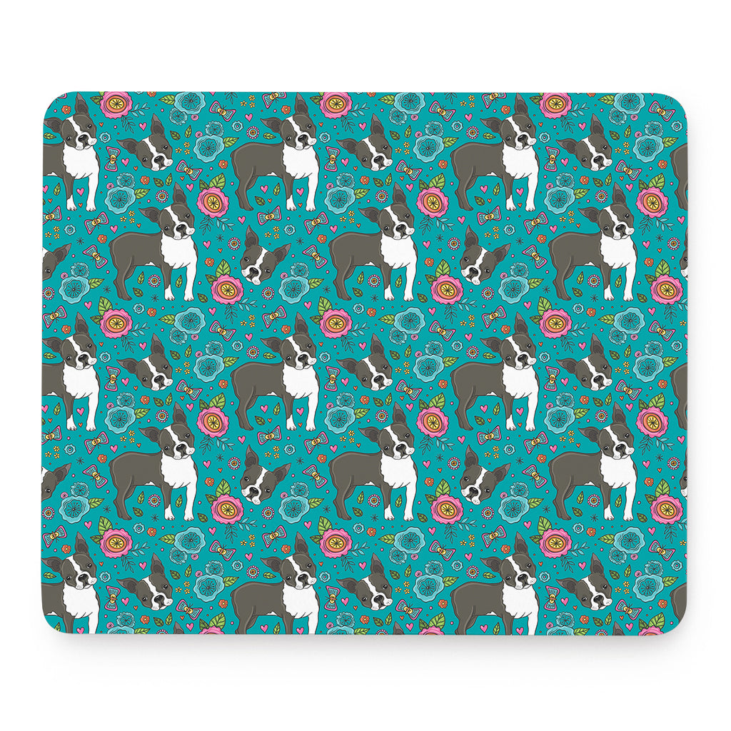 Cartoon Boston Terrier Flower Print Mouse Pad