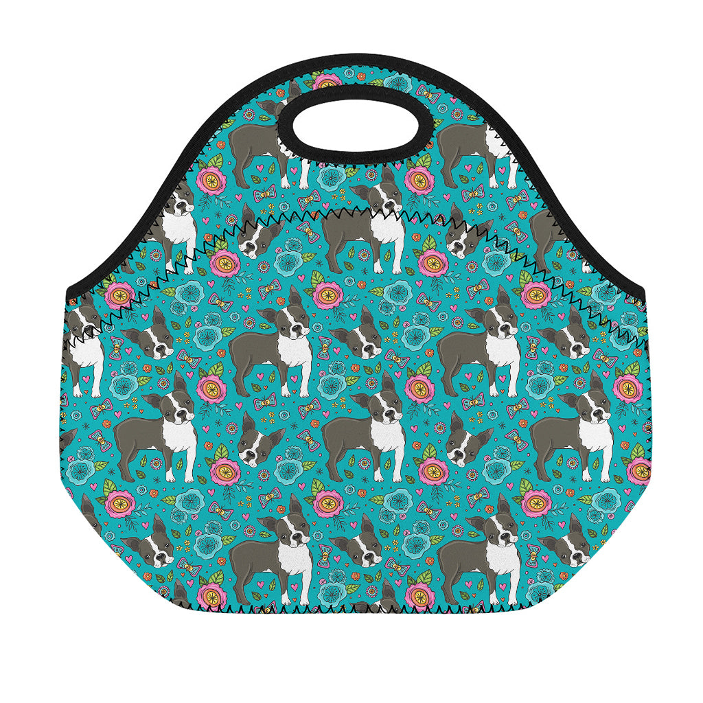 Cartoon Boston Terrier Flower Print Neoprene Lunch Bag