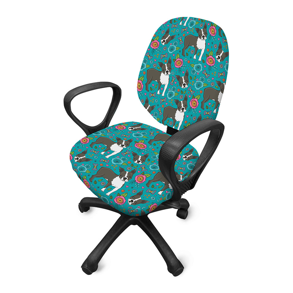Cartoon Boston Terrier Flower Print Office Chair Cover