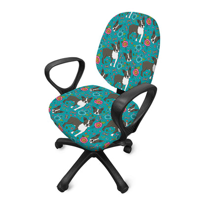 Cartoon Boston Terrier Flower Print Office Chair Cover