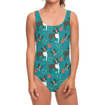 Cartoon Boston Terrier Flower Print One Piece Swimsuit