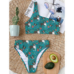 Cartoon Boston Terrier Flower Print One Shoulder Bikini Top