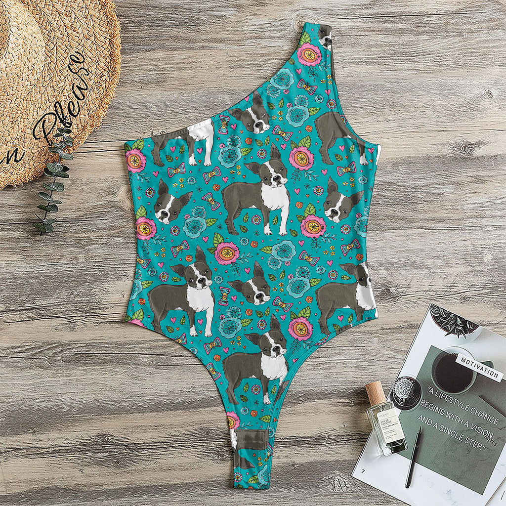 Cartoon Boston Terrier Flower Print One Shoulder Bodysuit