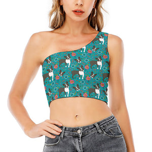 Cartoon Boston Terrier Flower Print One Shoulder Crop Top