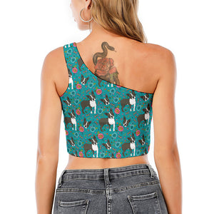 Cartoon Boston Terrier Flower Print One Shoulder Crop Top