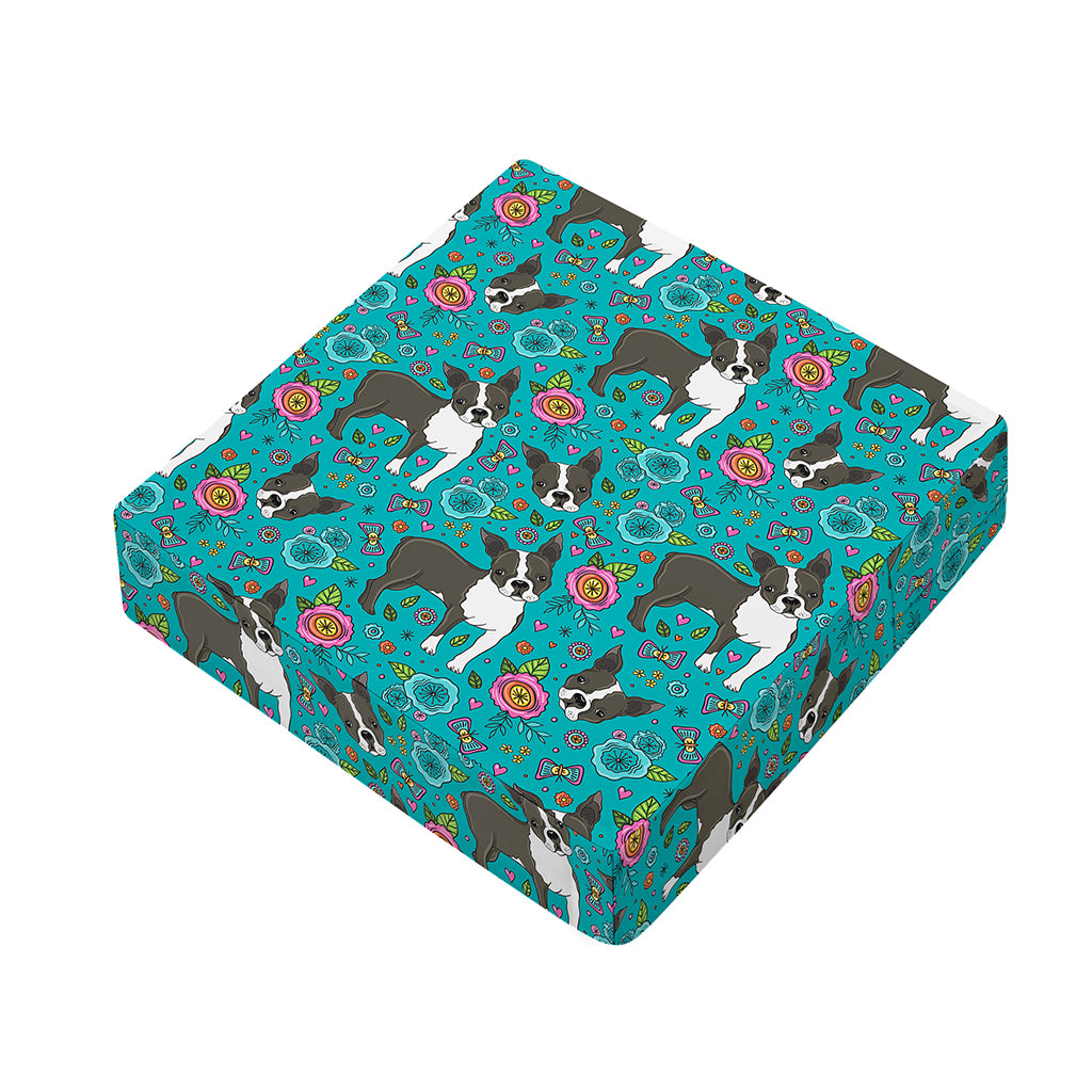 Cartoon Boston Terrier Flower Print Outdoor Seat Cushion Cover